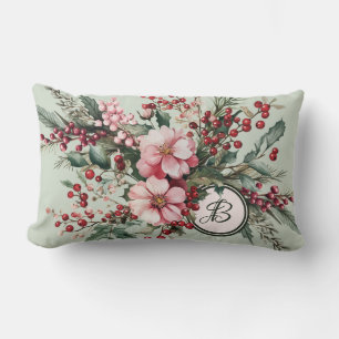 Coussin Rectangle Monogramme élégant floral aquarelle Noël rose