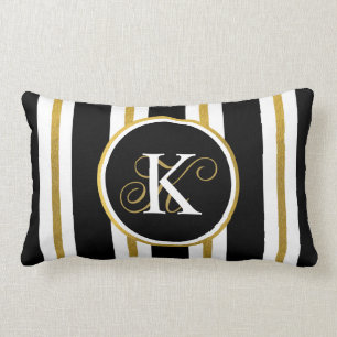 Coussin Rectangle Monogramme Elégant Noir & Or Personnalisé