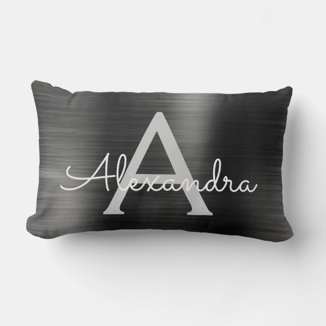 Coussin Rectangle Monogramme en acier inoxydable noir de luxe Nom (Recto)