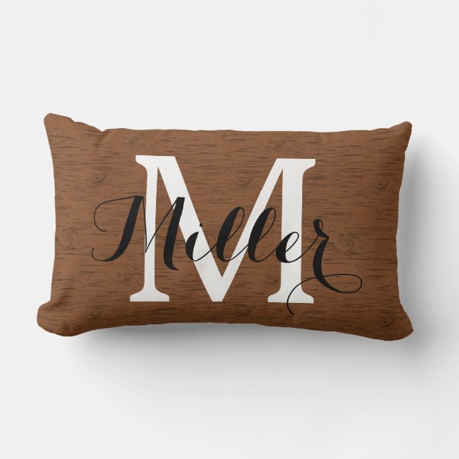 Coussin Rectangle Monogramme en bois foncé rustique de grain (Recto)