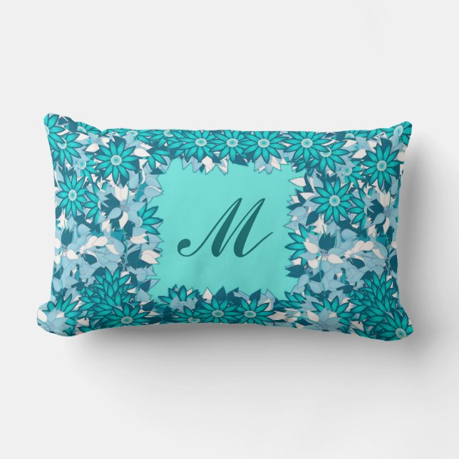 Coussin Rectangle Monogramme encadré de fleurs - bleu et blanc (Recto)
