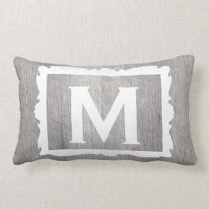 Coussin Rectangle Monogramme encadré rustique en bois gris patiné