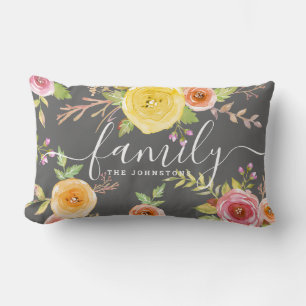 Coussin Rectangle monogramme famille gris jaune aquarelle florale ch