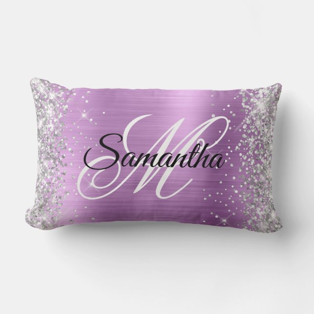 Coussin Rectangle Monogramme fantaisie argent pailleté lavande feuil (Recto)