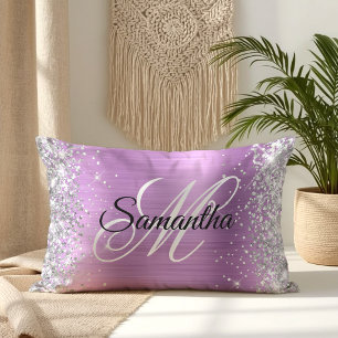 Coussin Rectangle Monogramme fantaisie argent pailleté lavande feuil