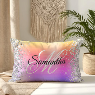 Coussin Rectangle Monogramme fantaisie pailleté argent arc-en-ciel