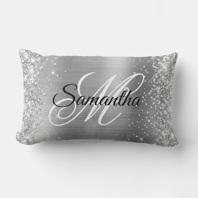 Coussin Rectangle Monogramme fantaisie pailleté argent et satin bril (Recto)