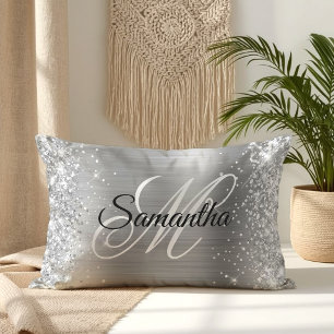 Coussin Rectangle Monogramme fantaisie pailleté argent et satin bril