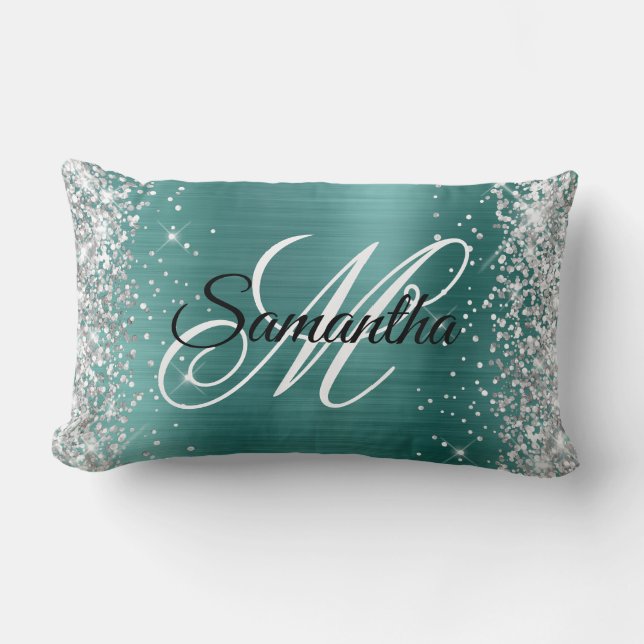 Coussin Rectangle Monogramme fantaisie pailleté argenté aqua sarcell (Recto)