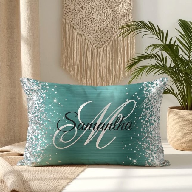 Coussin Rectangle Monogramme fantaisie pailleté argenté aqua sarcell (Silver Glitter Shiny Aqua Teal Foil Fancy Monogram Lumbar Pillow)