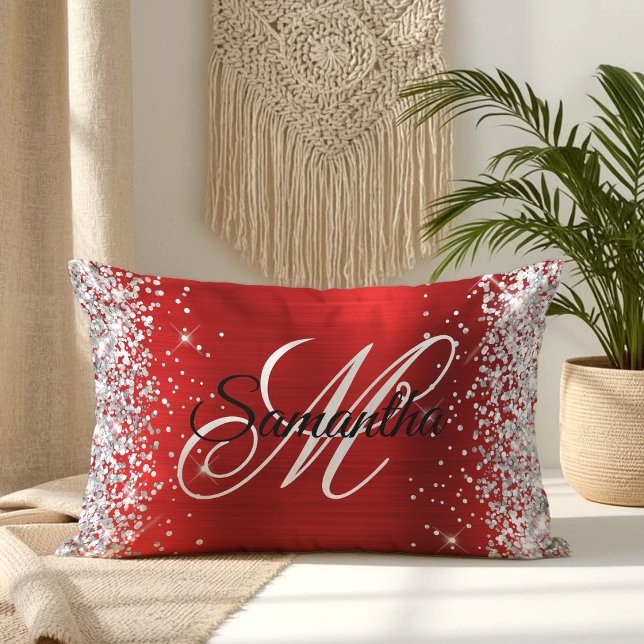 Coussin Rectangle Monogramme fantaisie pailleté argenté brillant (Silver Glitter Shiny Red Foil Fancy Monogram Lumbar Pillow)