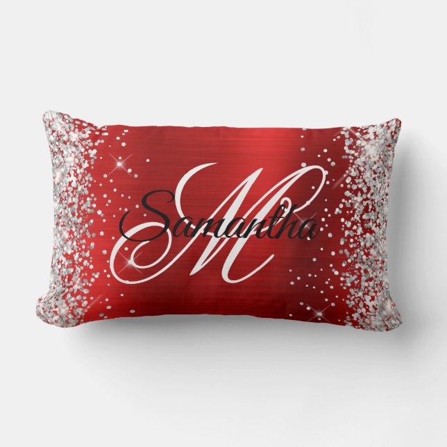 Coussin Rectangle Monogramme fantaisie pailleté argenté brillant (Recto)