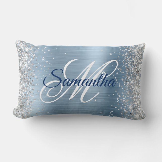Coussin Rectangle Monogramme fantaisie pailleté argenté et bleu clai (Recto)
