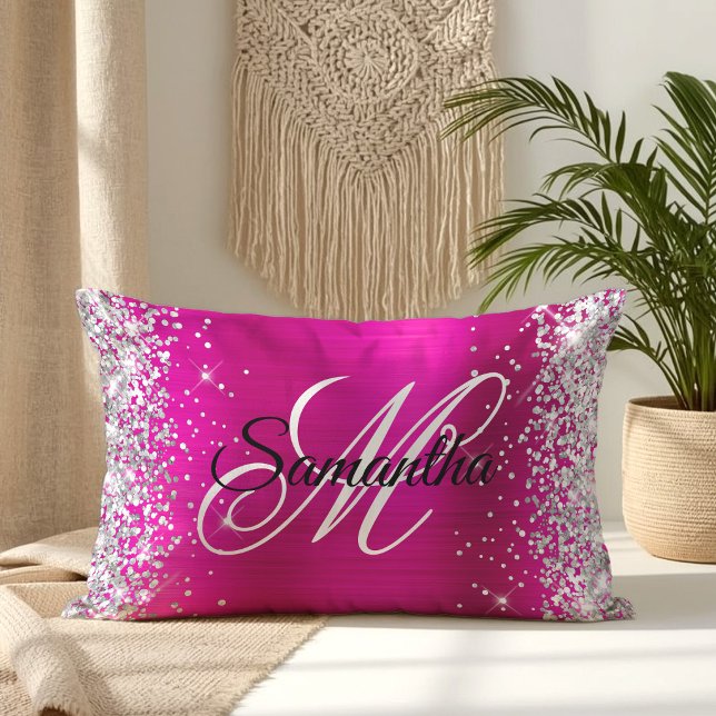 Coussin Rectangle Monogramme fantaisie pailleté argenté rose chaud b (Silver Glitter Shiny Hot Pink Foil Fancy Monogram Lumbar Pillow)