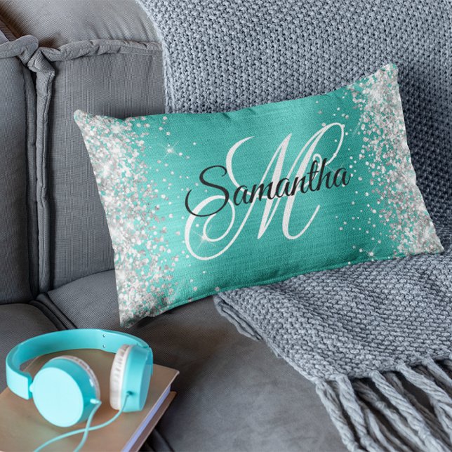 Coussin Rectangle Monogramme fantaisie pailleté argenté turquoise br (Créateur téléchargé)