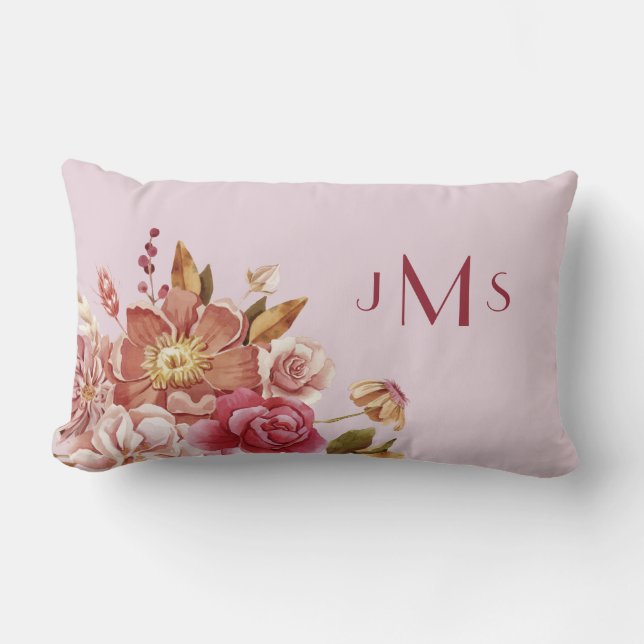 Coussin Rectangle Monogramme floral aquarelle rose (Recto)