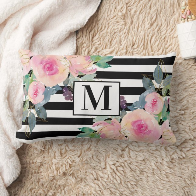 Coussin Rectangle Monogramme floral aquarelle rose et rayure noir et (Couverture)
