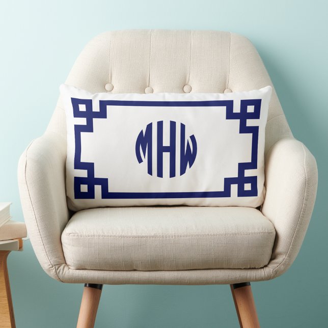 Coussin Rectangle Monogramme grec clé cercle bleu marine blanc DIY B (Créateur téléchargé)