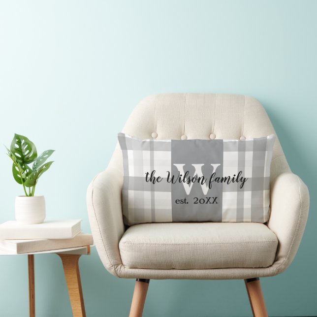Coussin Rectangle monogramme gris et blanc plaid personnalisé (Chaise)