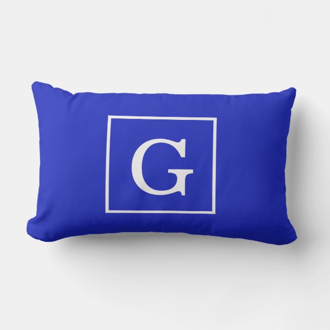 Coussin Rectangle Monogramme Initial Cadre Blanc Bleu Royal (Recto)