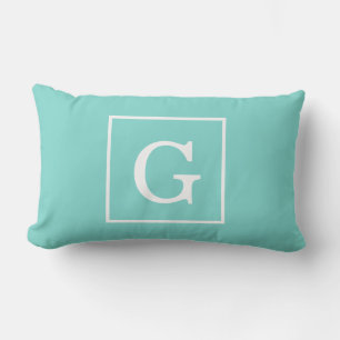 Coussin Rectangle Monogramme Initial Cadre Blanc Turquoise Aqua