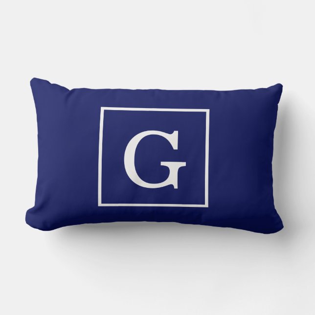 Coussin Rectangle Monogramme Initial Cadre Bleu Marine Blanc (Recto)