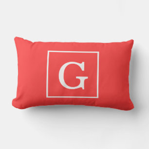 Coussin Rectangle Monogramme Initial Cadre Rouge Corail Blanc