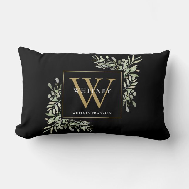 Coussin Rectangle Monogramme initial d'or Vert moderne Floral Noir (Recto)