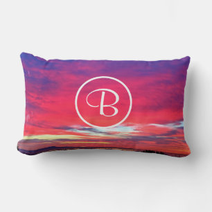 Coussin Rectangle Monogramme Initial Rose Chaud Bleu Coucher de Sole
