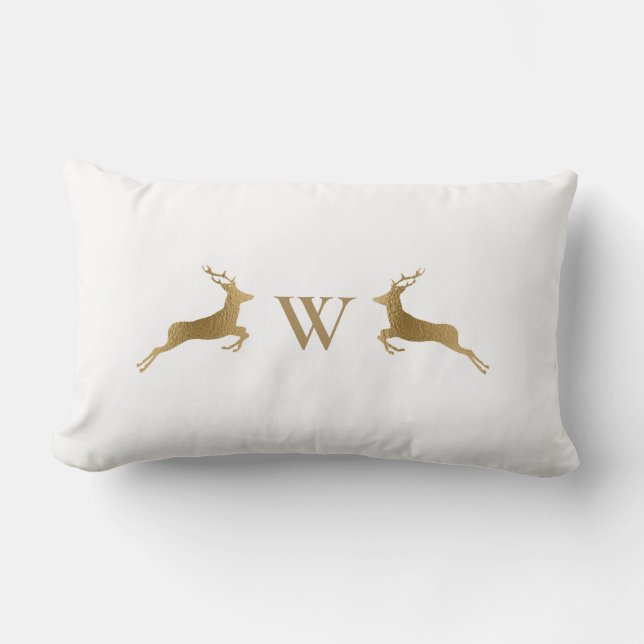 Coussin Rectangle Monogramme Initiale Cerf Or Blanc Hiver (Recto)