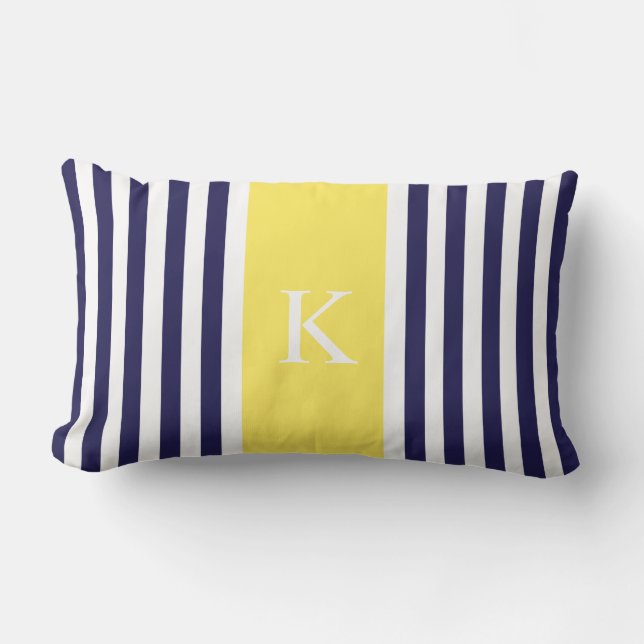 Coussin Rectangle Monogramme jaune citron de rayures de marine (Recto)