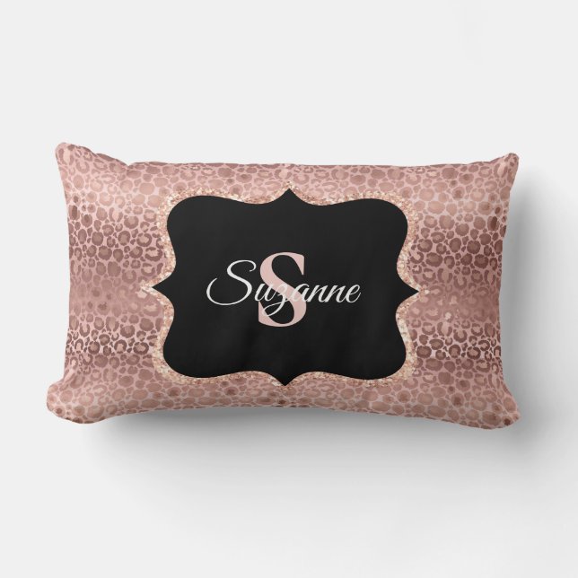 Coussin Rectangle Monogramme Léopard Or Rose Personnalisé Thé (Recto)