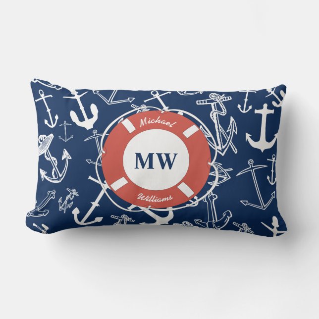 Coussin Rectangle Monogramme Marin Motif Ancre Bleu Marine (Recto)