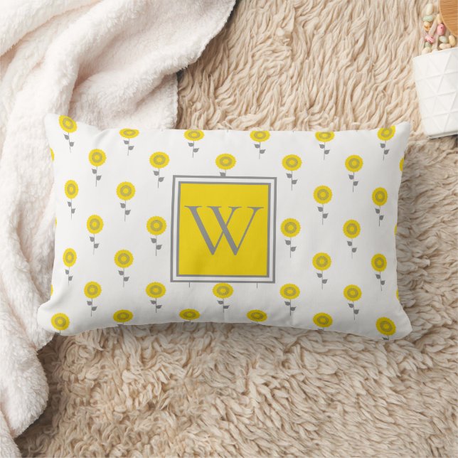 Coussin Rectangle Monogramme moderne de fleurs jaunes et gris (Couverture)