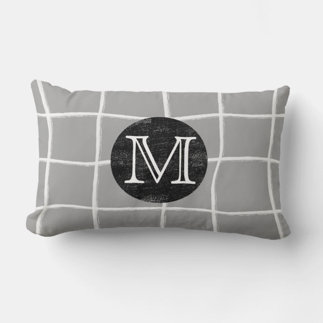 Coussin Rectangle monogramme moderne grille peinte motif design gris (Recto)