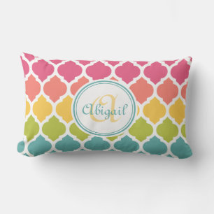 Coussin Rectangle Monogramme Motif en treillis marocain rose bleu ro