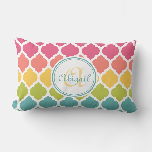 Coussin Rectangle Monogramme Motif en treillis marocain rose bleu ro (Recto)