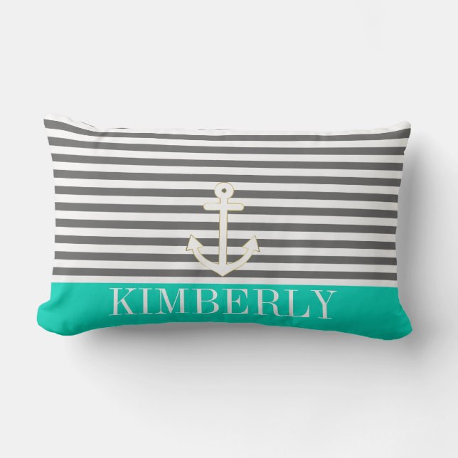 Coussin Rectangle Monogramme nautique de Teal d'Ancre de rayures (Recto)