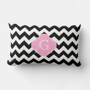 Coussin Rectangle Monogramme noir blanc Chevron rose Quatrefoil
