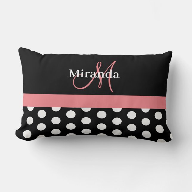 Coussin Rectangle Monogramme noir blanc rose écriture pois (Recto)