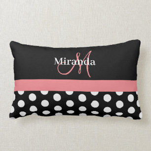 Coussin Rectangle Monogramme noir blanc rose écriture pois