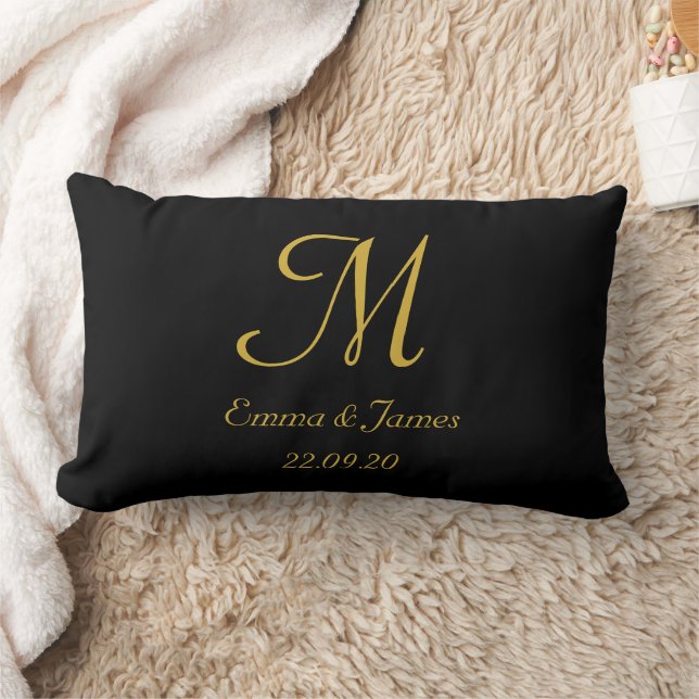 Coussin Rectangle Monogramme noir et or élégant Nom du script (Couverture)