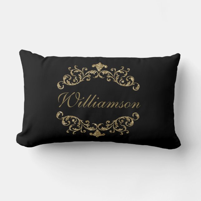 Coussin Rectangle Monogramme noir or brillant Flourish Damask Orné (Recto)
