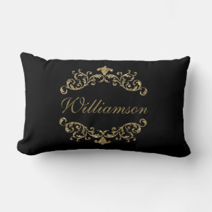 Coussin Rectangle Monogramme noir paillettes or floraison damas orné