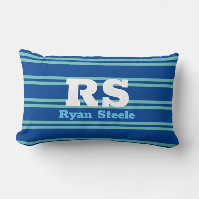 Coussin Rectangle Monogramme & nom en gras, Lt Lignes Turquoises sur (Recto)