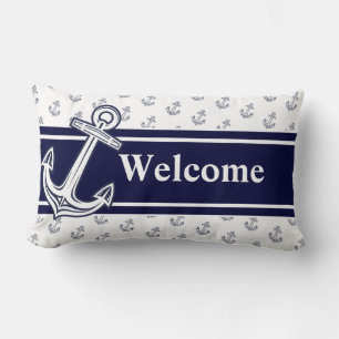 Coussin Rectangle Monogramme personnalisé Ancre marine Bleu blanc