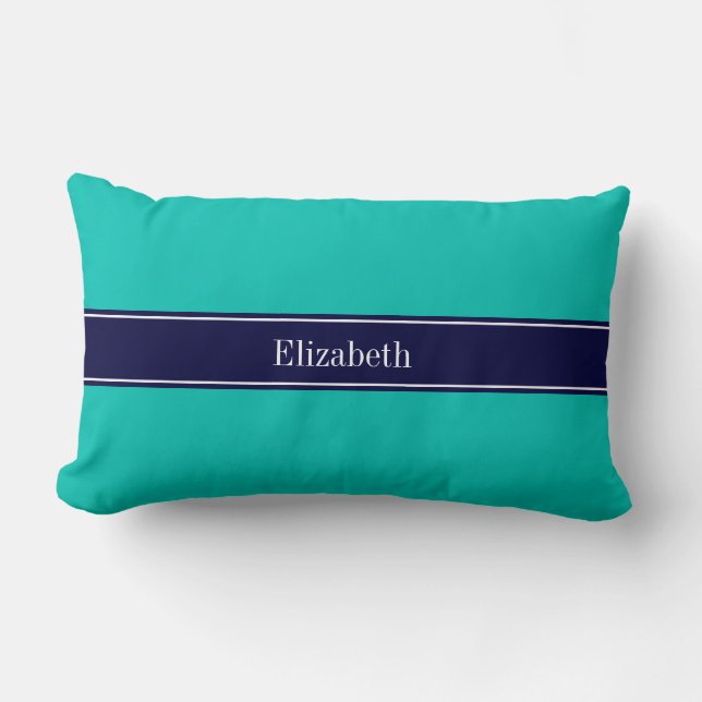Coussin Rectangle Monogramme personnalisé avec ruban bleu marine et  (Recto)