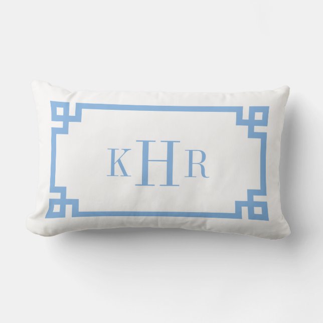 Coussin Rectangle Monogramme personnalisé bleu et blanc à clé grecqu (Recto)