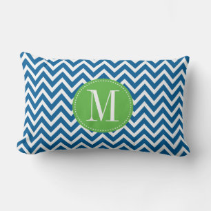 Coussin Rectangle Monogramme personnalisé Chevron vert et bleu