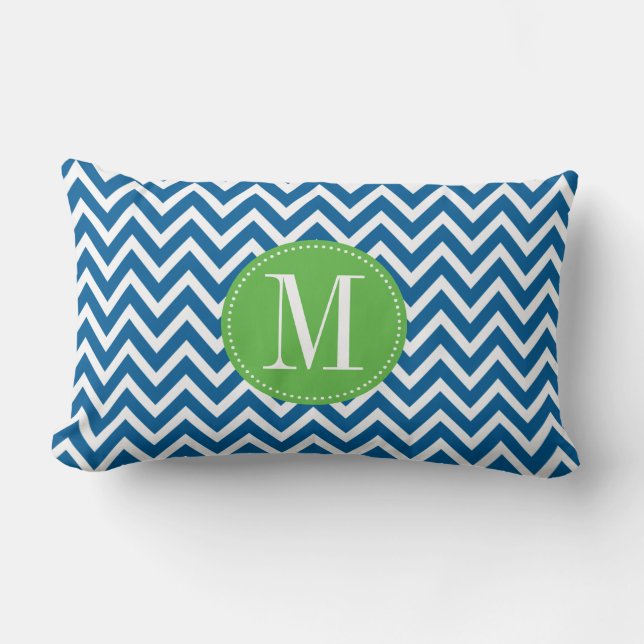 Coussin Rectangle Monogramme personnalisé Chevron vert et bleu (Recto)